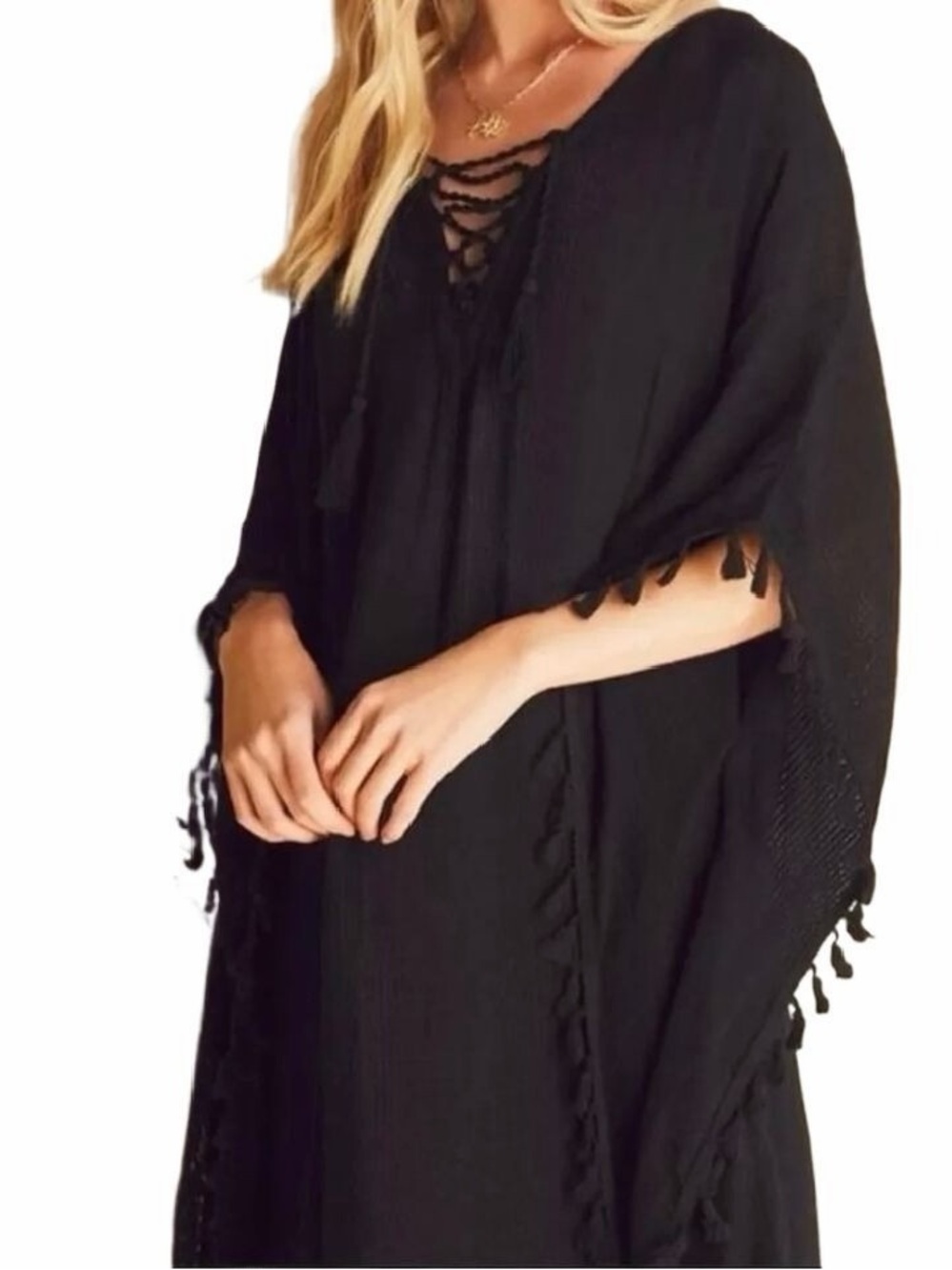 Walter‎ Baker Acapulco Kaftan Cotton Swim Cover Up One Size Summer Boho Fringe
